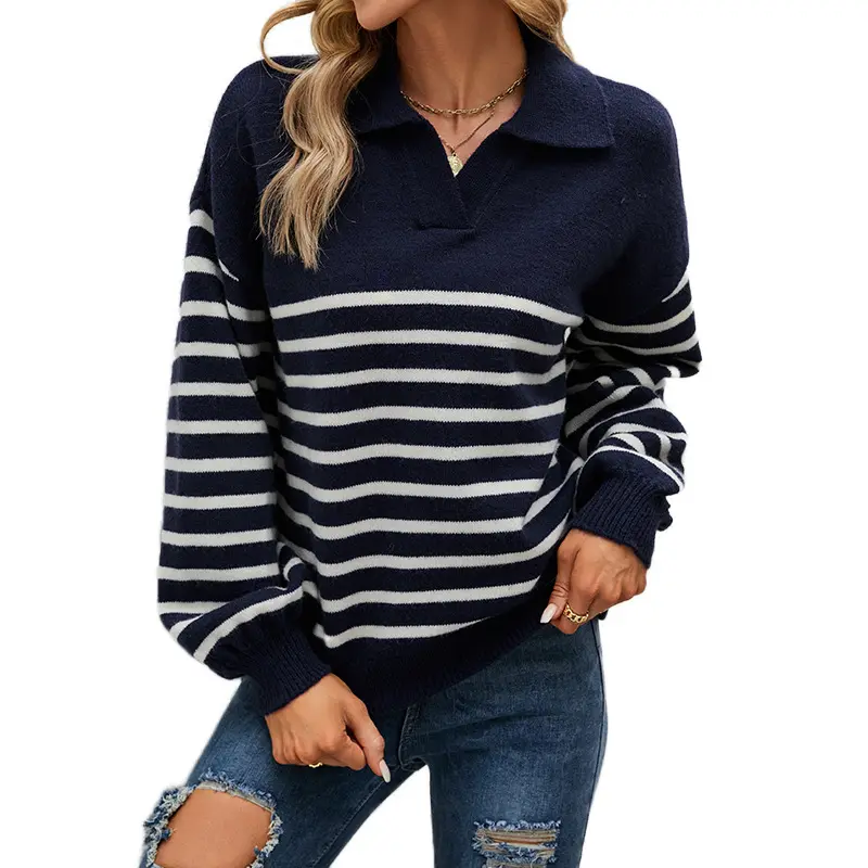 Vintage Women Sweater Knitwear Relax Fit Turn Down Collar Drop Shoulder Volume Sleeve Contrast Stripe Knitted Pullover Sweater