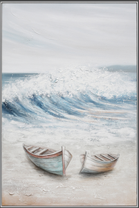 Peinture à l'huile abstraite moderne peinte à la main, art mural côtier, bateaux sur la plage avec des vagues qui déferlent, pour un décor paysager - Product Image 3