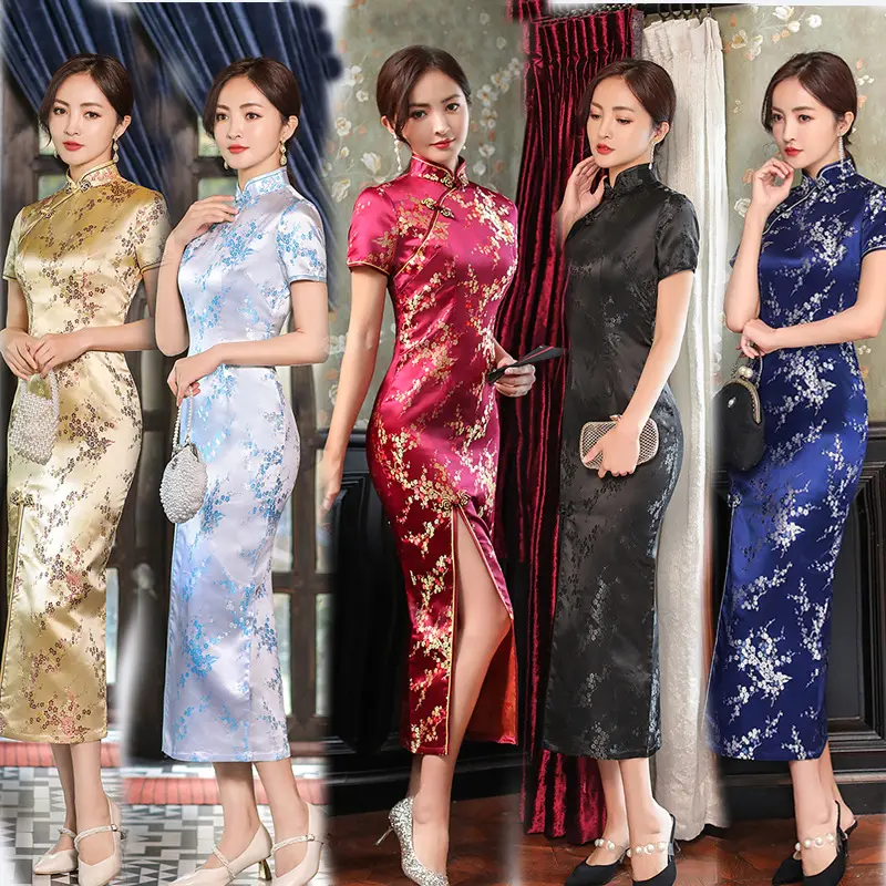 Thanh Lịch Mới Thổ Cẩm Satin Dài Ngã Ba Sườn Xám Trung Quốc Cổ Điển Phụ Nữ Của Qipao Ngắn Tay Áo Sexy Wedding Evening Đảng Dress 4XL