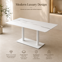 Table de restaurant, plateau en pierre frittée avec base à double colonne blanche et design de table aux coins arrondis pour hôtel et café
