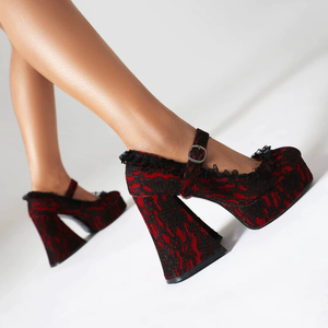 Zapatos de tacón alto con plataforma de encaje para mujer, zapatos Mary Jane con correa de hebilla, zapatos de vestir con punta cuadrada, zapatos de encaje antideslizantes para invierno - Product Image 2