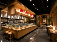 Restoran Sushi Jepang Modern Siap Pakai dengan Perlengkapan Furnitur Kayu Rekayasa Khusus dan Bar Dapur Terbuka