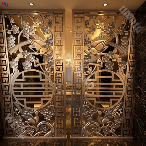 Paravent contemporain en aluminium avec motif floral sculpté pour salle à manger, largeur 70 pouces, finition thermolaquée - Product Image 2