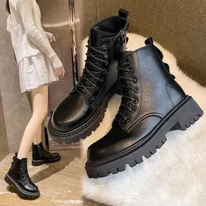 Heißer Verkauf Neue lässige dicke Unterseite Winter Damen Gummis ohle rutsch feste Schuhe bequeme Leder schwarze Frauen Martin Stiefel