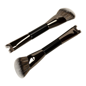 Pinceau de maquillage double embout personnalisé, manche en bois, poils synthétiques en nylon, virole noire, haute élasticité, idéal pour les voyages et comme cadeau de vacances - Product Image 1