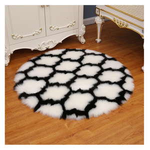 Faux Fur Rug Round Geometric Pattern Black White Plush Non Slip Area Rug For Living Room Bedroom Yoga Mat Floor Decor - Product Image 1