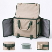 Sac de pique-nique avec panneaux latéraux pliables, fermeture éclair supérieure et poignées de transport pour organiser les essentiels de repas lors des excursions en camping