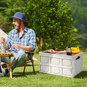 Collapsible <b>Storage</b> <b>Crate</b> with Wooden Lid & Handle Portable Folding Picnic Basket for Camping Groceries & Home Use - Product Image 1