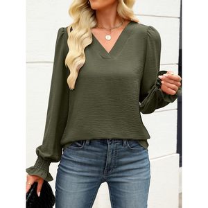 Women's V Neck Puff <b>Sleeve</b> Blouse Chiffon Elastic Office Work <b>Top</b> Business Casual <b>Long</b> <b>Sleeve</b> Dressy Shirt - Product Image 3