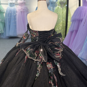 ชุดเดรสงาน Quinceanera สีดำประดับกลิตเตอร์และไข่มุก พร้อมโบว์ รุ่น Dy6804-1 - Product Image 5