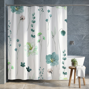 Rideau de douche carré en coton imprimé floral blanc avec fleurs bleues et vertes, écologique, pour usage domestique, imperméable, lavable en machine - Product Image 1