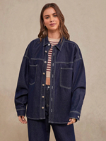 Kemeja Jeans Premium wanita, kemeja Denim kancing atas lengan panjang