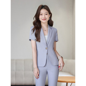 Women's Light Gray Short Sleeve <b>Blazer</b> And Trousers <b>Set</b> Formal Anti-Wrinkle Commute Wear HTN803 - Product Image 4