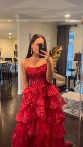 Abito da sera personalizzato donna <span class=keywords><strong>rosso</strong></span> senza spalline <span class=keywords><strong>con</strong></span> paillettes <span class=keywords><strong>vestito</strong></span> da ballo <span class=keywords><strong>con</strong></span> <span class=keywords><strong>spacco</strong></span> laterale alto per la laurea - Product Image 5