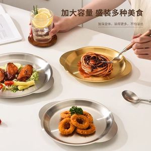 Korean Style Double Eared Round Stainless Steel Plate 15-15.9cm Solid Color <b>Microwave</b> Safe Flat Bottom Dish - Product Image 4