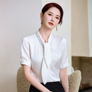 White Chiffon Blouse Women Short Sleeve Elegant Wrap Tie Office Shirt Summer Formal Inner Layer Top - Product Image 3