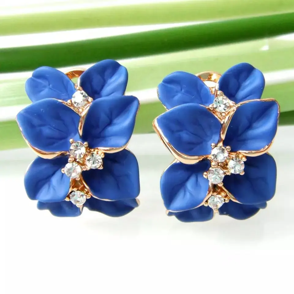 Cubic Zirconia Rose Gold Plate Crystal Blue and White Camellia earrings Women Earrings Sweet Flower inlaid zircon Earrings