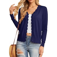 Cardigan en maille côtelée à col en V et manches longues pour femme, avec bordure festonnée et boutons, motif uni