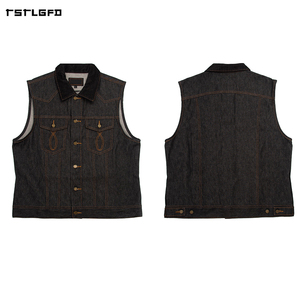 Chaleco de mezclilla índigo para hombre con cuello de pana, costuras naranjas, bolsillos con doble solapa, botones, corte relajado, estilo camionero clásico. - Product Image 3