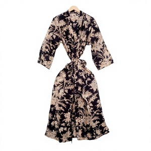 Hermoso Kimono Largo de Algodón Estampado a Mano con Cierre de Cinturón para Dormir por la Noche, Bata para Mujer con Estampado Floral - Product Image 1