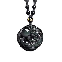 Collier Pendentif Pixiu en Obsidienne Naturelle Unisexe, Attire la Richesse et Équilibre la Fortune, Protection, Chaîne en Bambou, Minimaliste