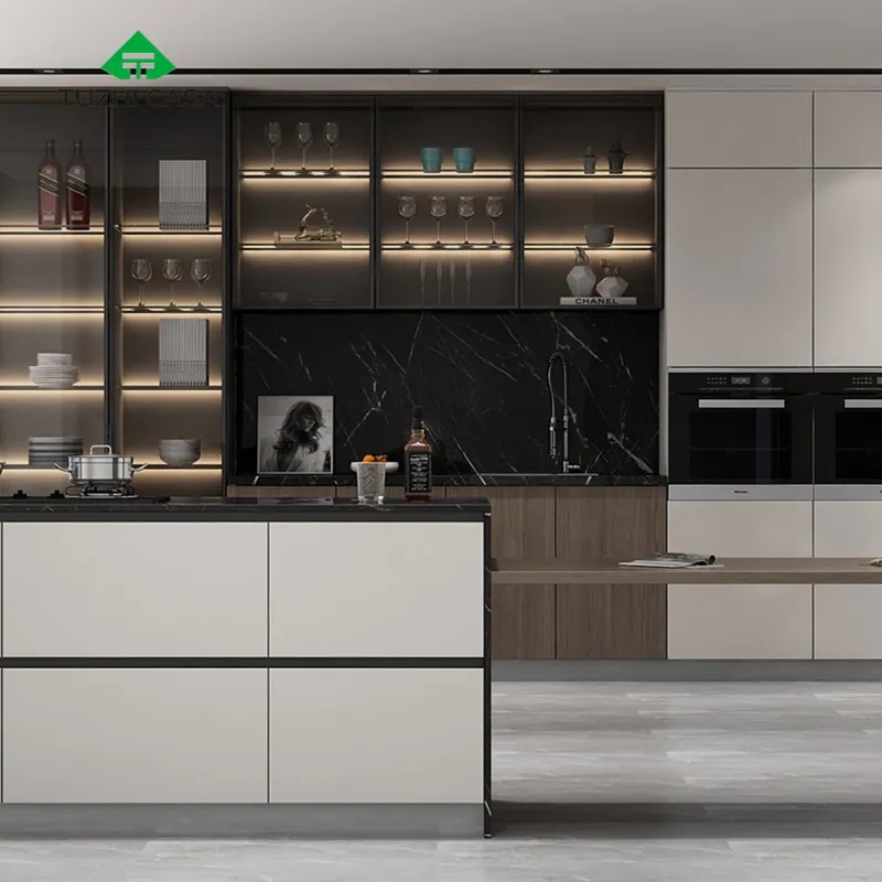 TUZHI CASA armoires de cuisine modernes en MDF avec îlot bar porte en verre meubles de cuisine ensemble complet prêt à assembler