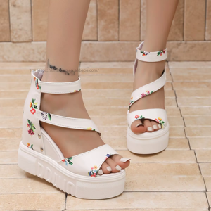 Women European Style Peep-Toe <b>Sandals</b> With Large Wedge Heel Closed Back, Summer Back Zipper Floral Roman <b>Sandals</b> - Product Image 1