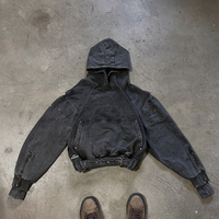 Blouson cargo à capuche en denim noir délavé personnalisé pour homme, avec ceinture à boucle métallique, coupe courte, vêtement d'extérieur, fabricant OEM ODM avec logo personnalisé