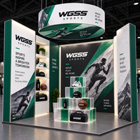 Stand d'exposition moderne pour marque sportive avec enseigne suspendue circulaire et présentoirs en acrylique transparent pour l'événement de course