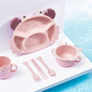Vajilla creativa de paja de trigo sin BPA para niños, juego de tazas, forma de cangrejo de dibujos animados, jardín de infantes <span class=keywords><strong>dividido</strong></span> <span class=keywords><strong>en</strong></span> rejilla, <span class=keywords><strong>plato</strong></span> de cena - Product Image 2