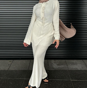 <span class=keywords><strong>2025</strong></span> अबाया 2 पीसी सेट मुस्लिम मामूली कपड़ों के प्राकृतिक लिनन कपास टाई बाया पैंट सूट के लिए महिला टॉप और पैंट सेट - Product Image 5