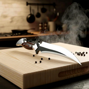 Cuchillo de cocina hecho a mano de acero inoxidable J2 con mango de madera, hoja con punta de clip, acabado pulido, para uso con la mano derecha, tipo Bowie. - Product Image 1