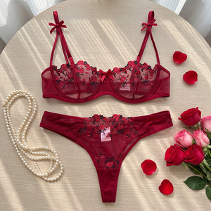 Wholesale Floral Rose Embroidery Lingerie <b>Set</b> Bow Lace Intimates <b>Sexy</b> Sheer Mesh Underwire Bra and Thong Panties <b>Set</b> 2 Piece - Product Image 4