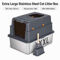 Youniha Bac à litière pour chat rectangulaire manuel extra large en acier inoxydable, capacité 75L, design à parois hautes, support pour pelle, facile à nettoyer