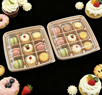 Boîte carrée jetable transparente en PET à 9 compartiments avec base dorée pour macarons, biscuits, cupcakes, sushis, salades, pâtisseries, emballages cadeaux