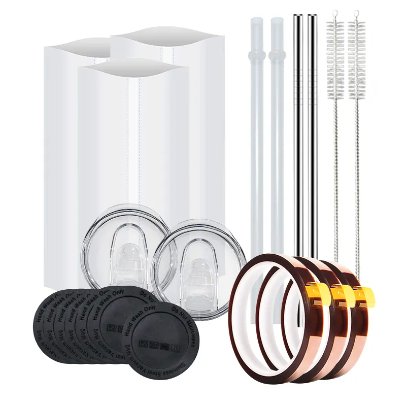 20oz tumbler Accessories Set: rubber bottom stainless steel straw shrink wrap high-temp tape brush plastic straw Leak proof lid