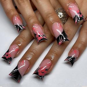 24 pièces/ensemble Faux ongles à presser forme bec de canard, noir, bord français diagonale, avec motif floral, vente en gros A3-04-12 - Product Image 1