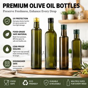 Botellas de <span class=keywords><strong>Vidrio</strong></span> al por Mayor para Aceite de Oliva, Vacías, de 250ml, 500ml, 750ml, 1000ml, Grado Alimenticio, Redondas y Cuadradas, Verde Oscuro y Ámbar, para Envasado de Alimentos - Product Image 1