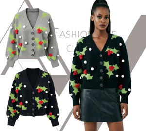 Suéter Navideño Festivo 3D con Pompones para <span class=keywords><strong>Mujer</strong></span>, Cárdigan con Diseño <span class=keywords><strong>de</strong></span> Hojas <span class=keywords><strong>de</strong></span> Aloe Vera, Cuello en V, Ropa <span class=keywords><strong>de</strong></span> Abrigo para Fiestas - Product Image 2