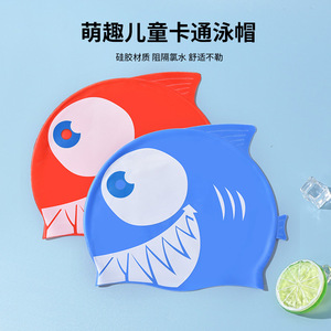 Gorro de natación de silicona con diseño de tiburón de dibujos animados, 21 cm de ancho, cómodo para niños, gorro de natación unisex - Product Image 3