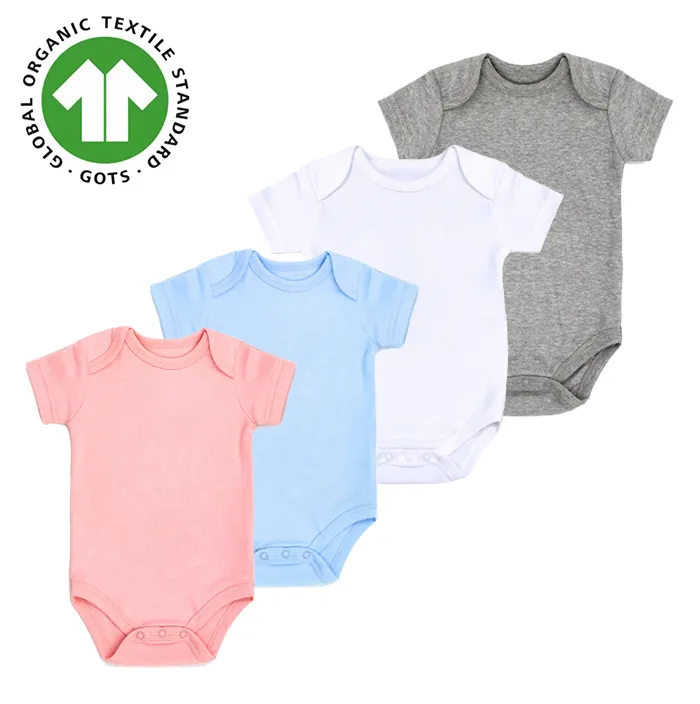 Verão Oem Plain Custom Print 100% Algodão Orgânico 0-3Month Knit Baby Romper Atacado Gots Certified Organic Cotton Baby Clothes