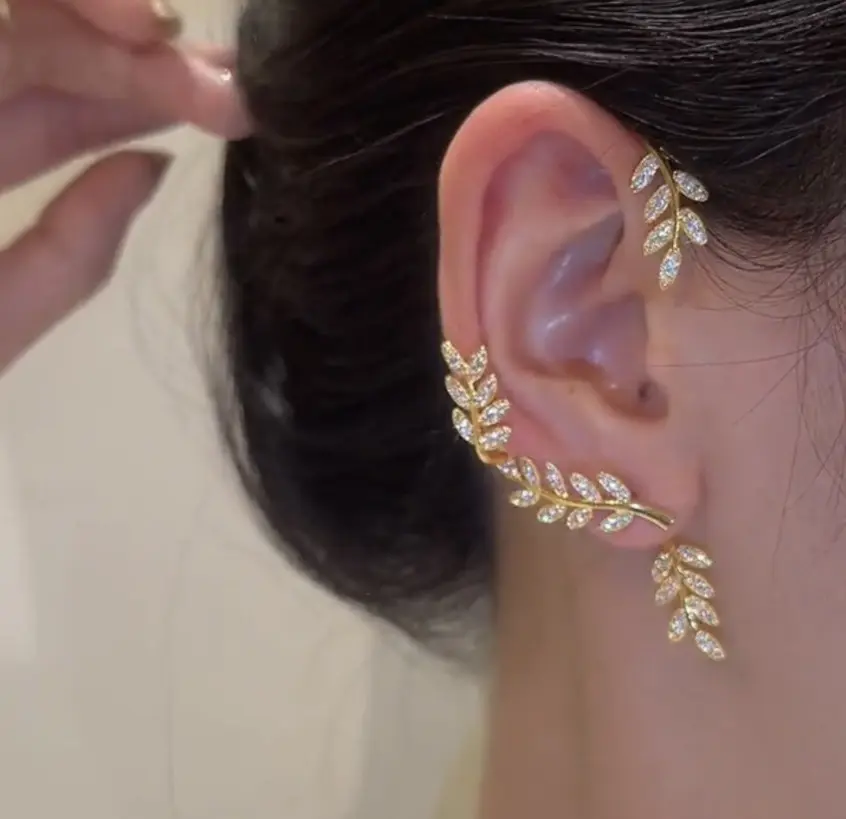 SC Luxury Gold Silver Color Cubic Zirconia Cuff Earrings Jewelry Non-Piercing Crystal Leaf Ear Clips On Earrings for Women