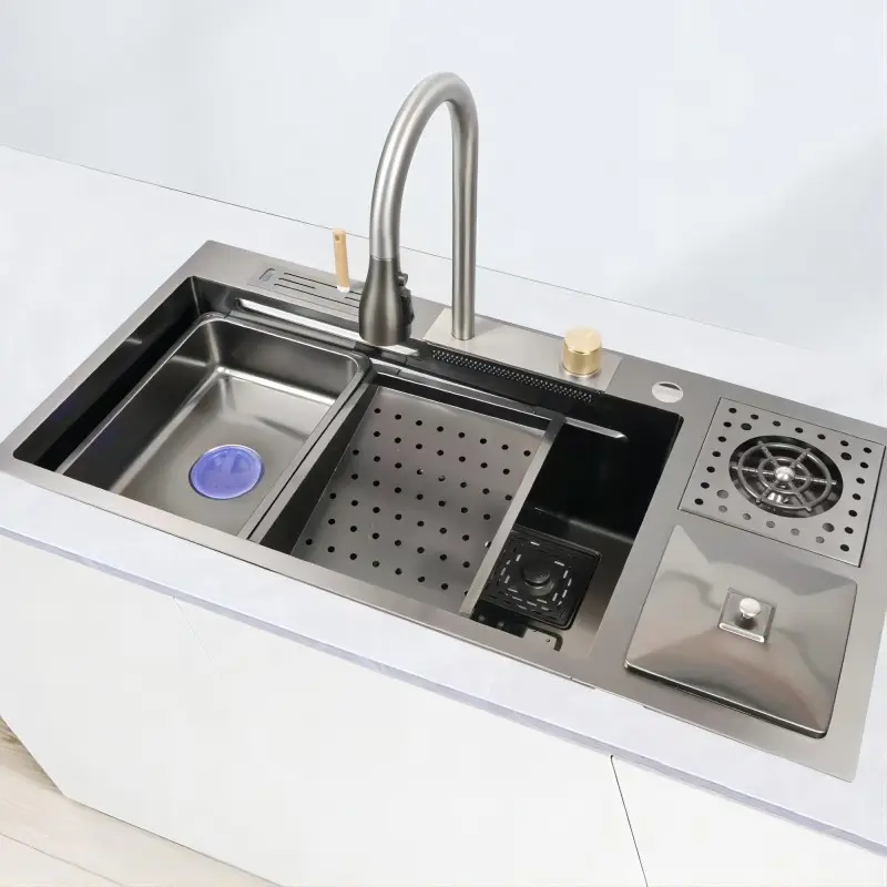 Articles sanitaires lavabo évier de cuisine cascade en acier inoxydable évier de cuisine avec lave-glace poubelle Indonésie ont stock