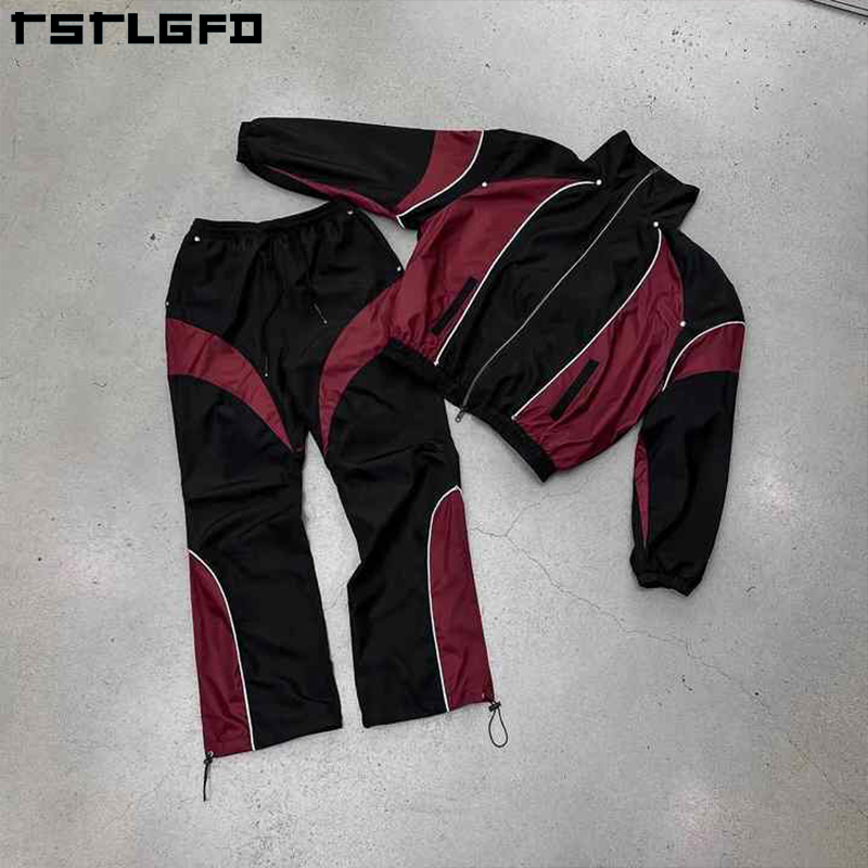 Custom Cotton Streetwear Gym Wear Windbreaker Jacket for Men Summer Set Sports Jogging Wear Splicing Patchwork Tracksuit Men · image 2