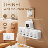 Multiprise EU 11 en 1 avec horloge, 5 prises AC, 3 USB, 2 Tapy-C avec protection contre les surcharges, matériau ignifuge pour la maison, le bureau et les voyages