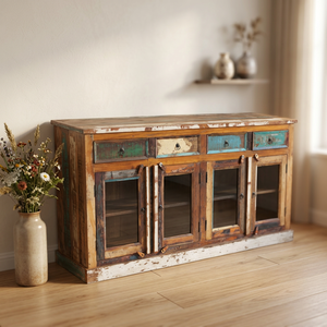 Aparador de Madera Maciza Reciclada Estilo Rústico con 3 Puertas y Cajones, Hecho a Mano, para Salón/Comedor de Hotel - Product Image 1