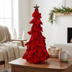 Décoration de Noël <span class=keywords><strong>en</strong></span> velours rouge avec nœuds, volants bordeaux à plusieurs niveaux, étoile <span class=keywords><strong>bronze</strong></span> de luxe, et arbre conique de style traditionnel pour cheminée - Product Image 1