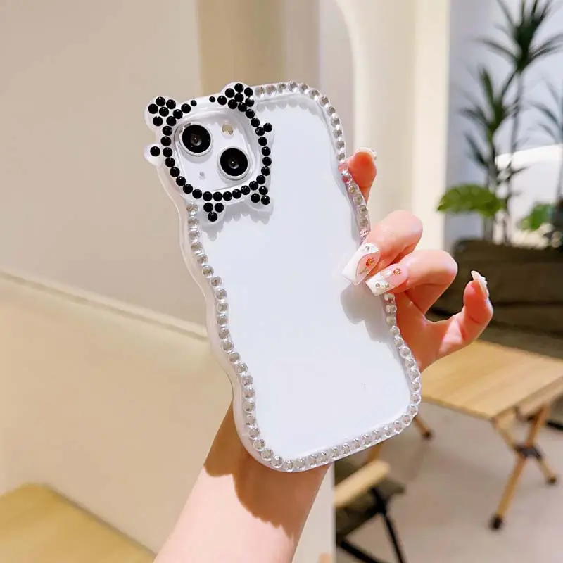 Personalizado Big Wave Edge Bling Glitter Diamante Urso Orelha Transparente Soft TPU Capa Traseira Do Telefone Móvel Para Oppo A5 A9 2020 A11X