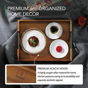 Acacia Wood Serving <b>Tray</b> Solid Wood 12x18 Inch With Metal Handles For <b>Tea</b> Coffee Hotel Use - Product Image 4