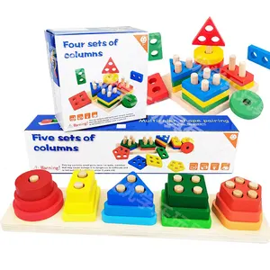 Colonna di forma geometrica in legno cinque Set Wisdom giocattoli per bambini Set di blocchi da costruzione